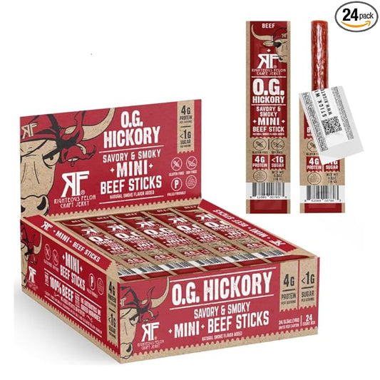 Righteous Felon Meat Sticks Minis | 100% Beef Sticks | Gluten Free Meat Sticks | Low Sugar & High Protein Beef Sticks | Healthy Snacks for Kids & Adults | Jerky Gifts for Men | OG Hickory, 24 Ct