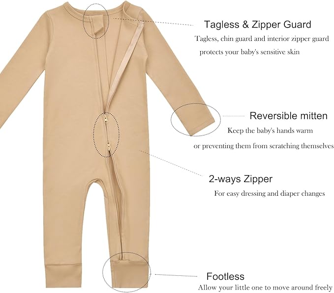 Aablexema Baby Cotton Fooltess Pajamas with Mitten, 3-pack Infant Romper Zip Up One Piece Jumpsuits Outfit