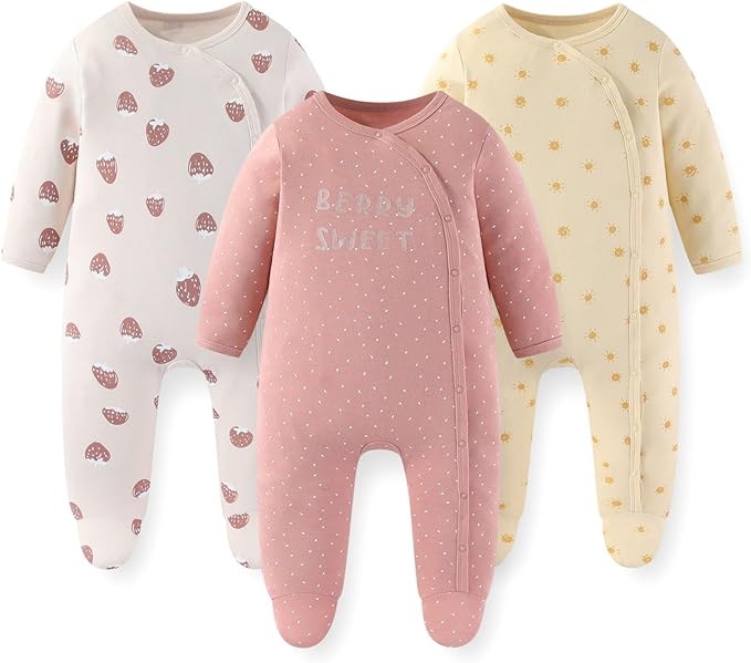 Unisex Baby Boy Girl Footies Rompers Cotton Long Sleeve 3 Pack Infant Jumpsuits 0-12Months Babies' Outfits