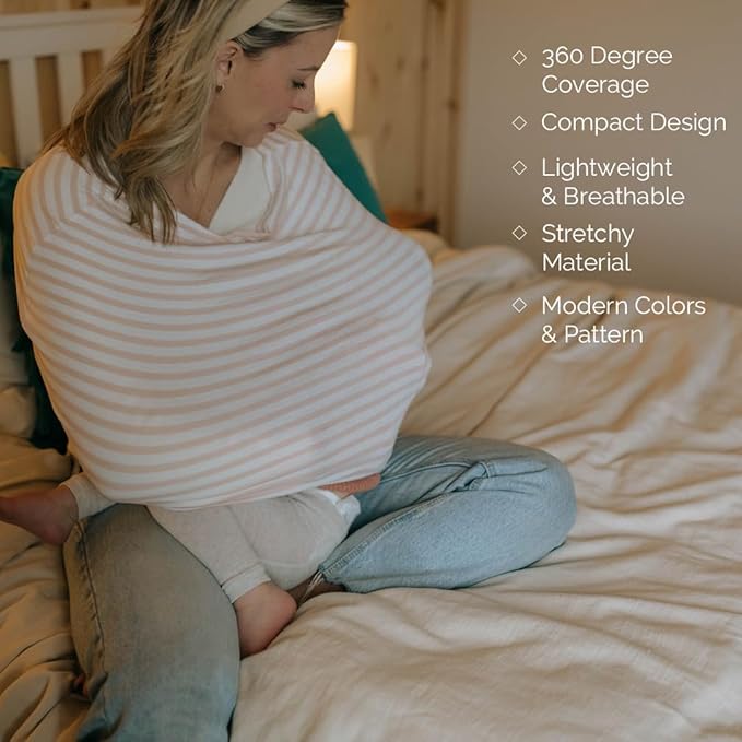 Parker Baby 4 in 1 Car Seat Cover for Girls - Stretchy Carseat Canopy, Nursing Cover, Grocery Cart Cover, Infinity Scarf - Pink/White Stripes