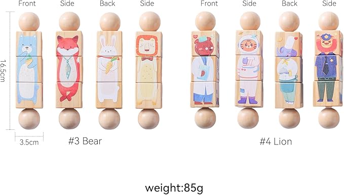 Promise Babe Wooden Animal Puzzle Toy for Toddlers 1-3, Rotating Spin Twist Blocks Set of 2, Learning Educational Montessori Toy Gifts for Kids Boys Girls, Fox and Tiger