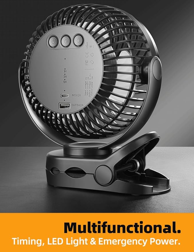 6'' Portable Hanging RV Tent fan with Remote Control,10000mAh Battery Camping Fan with LED light and Timer, 40 Hours Working Time Rechargeable Clip Fan, as Emergency Power - Black