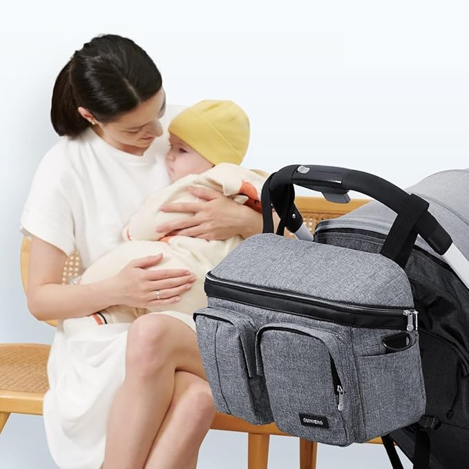 SUNVENO Universal Stroller Organizer Caddy, 2 Cup Holders, Multiple Pockets & Shoulder Strap — Fits Most Strollers