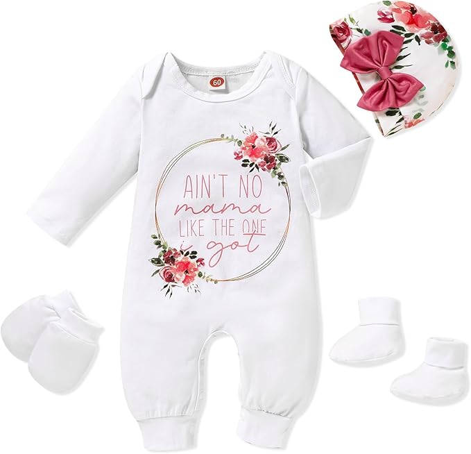 Sinhoon Newborn Baby Girl Romper Infant Letter Print Bodysuit Jumpsuit+Hat+Gloves+Socks 4Pcs Coming Home Clothes Outfit