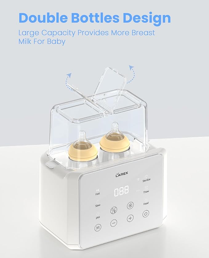 LAREX Double Bottle Warmer, 11-in-1 Fast Baby Bottle Warmer for Breastmilk and Formula, with Timer, Fits 2 Bottles, Accurate Temp Control, Milk Warmer with Thaw, Steri-lizing, Keep Warm, Heat Food