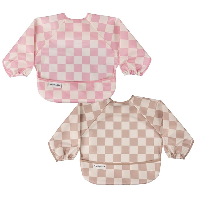 Tiny Twinkle Mess Proof Baby Bibs, 2pk Waterproof Smock Baby Bibs for Eating, Machine Washable Long Sleeve Bibs, Baby Led Weaning, Toddler Bibs, BLW Supplies (Pink,Beige Checkers, Small 6-24 Months)