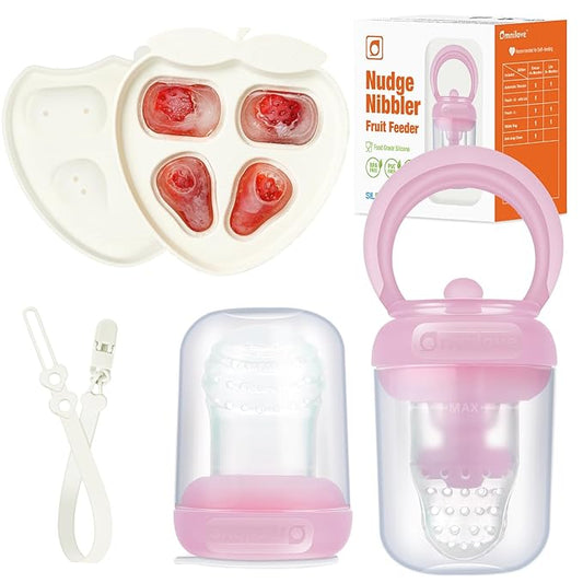 Baby Fruit Feeder & Popsicle Molds Tray Combo, New Born Must Haves and Babies Led Weaning Supplies for Safe Infant Self Feeding, 4+ Month (Pink)