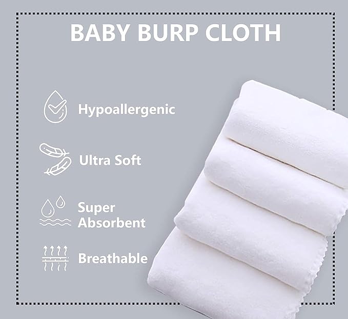 20 Pack Large Burp Cloths for Baby - 20" by 10" Ultra Absorbent Burping Cloth, Hand Washcloths, Newborn Towel - Milk Spit Up Rags - Burpy Cloths for Unisex, Boy, Girl - Burp Cloths Set(White)