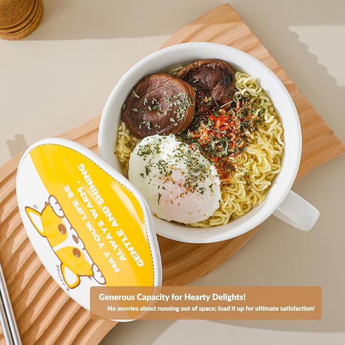 34oz Ceramic Ramen Bowl Set Charming, Lid, Handle, and Stainless Steel Chopsticks Elevate Your Noodle Experience Ideal Gift for Teens and Kids (corgi)