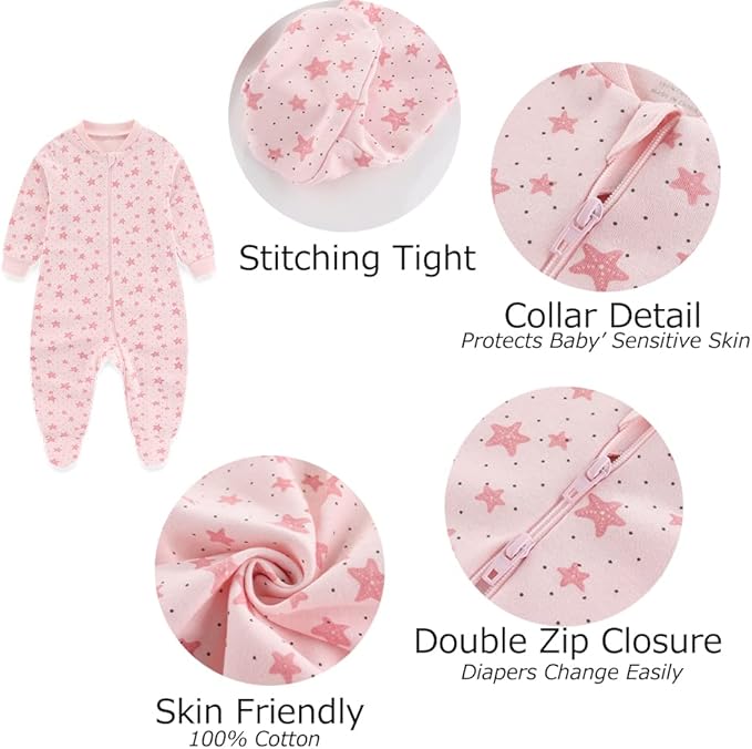 Newborn Baby 2-way Zipper Romper Cotton One-piece Jumsuit 3-pack, 0-24 Months