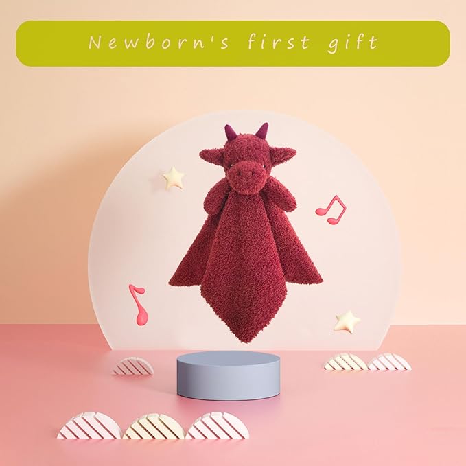 Baby Wine Red Dragon Stuffed Animal Security Blanket, Plush Dinosaur Character Lovey Blanket, Baby Shower/Nursery Gift, Newborn Infant Toddler Snuggle Blankie for Boys Girls, 14 Inches