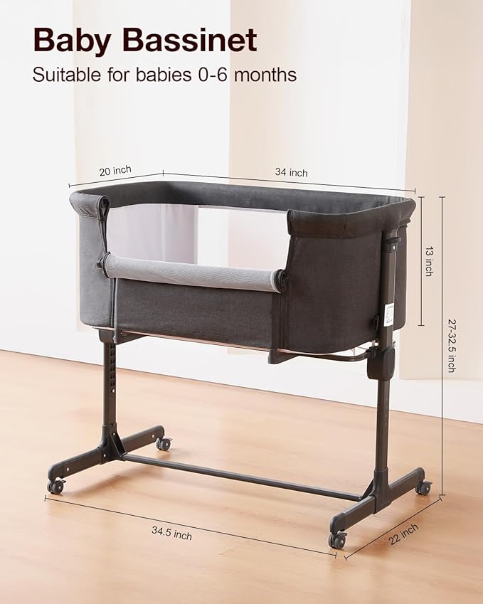Larex Baby Bassinet, 3 in 1 Bassinets Bedside Sleeper for Newborn, Portable Crib Adjustable 7 Height Bedside Bassinet with Mattress and Wheels Dark Grey
