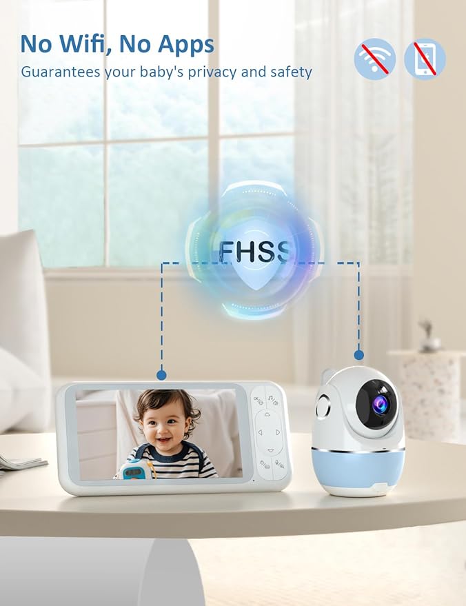 1080P 5'' Baby Monitor with 32 Hours 5000mAh Battery, Pan Tilt 4X Zoom Video Baby Monitor with Camera and Audio, Night Vision, VOX, 2-Way Talk, 8 Lullabies,1200ft Range No WiFi