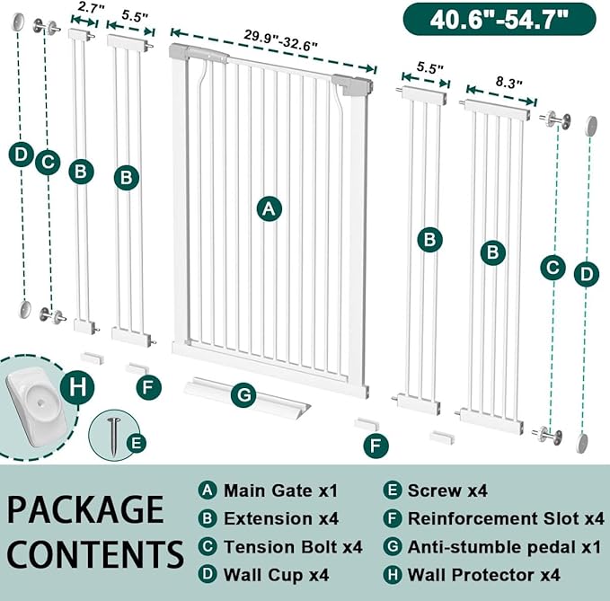 Fairy Baby 40.5" Extra Tall Baby Gate for Stairs, 40.6"-54.7" Extra Wide Dog Pet Gate Indoor Outdoor, Pressure Mounted Walk Thru Swing Metal Safety Child Gate, Cat Puppy Gate for House Doorways, White