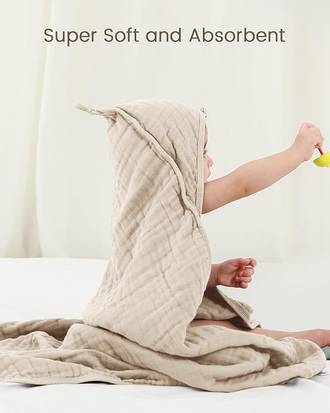Newborn Hooded Baby Towels, 35x35 Inch 2 Pack 100% Muslin Cotton Baby Bath Towel, Soft Baby Beach Towels with Hood for Infants, Toddlers and Kids, (White + Beige)