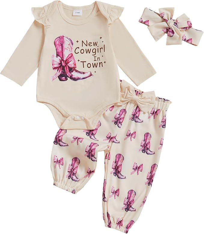 Fernvia Western Newborn Baby Girl Clothes Long Sleeve Letter Print Romper Animal Print Pants Headband 3Pcs Outfits Sets