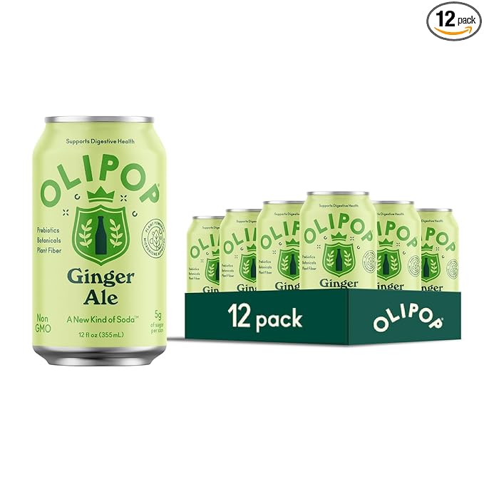 OLIPOP Prebiotic Soda Pop, Ginger Ale, Pantry Pack Packed with Prebiotics, Fiber, and Botanicals, Gluten Free, Vegan, GMO Free, 12oz (12-Cans)