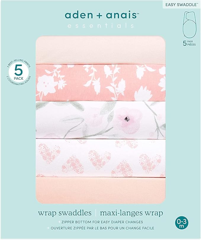 aden + anais Essentials Easy Swaddle Wrap Quick Change with Bottom Zipper, Snug Cotton Knit Baby Wrap Swaddle Blanket for Newborns, TOG 1.0, 5 Pack, Feminine Florals, 0-3 Months, Small/Medium