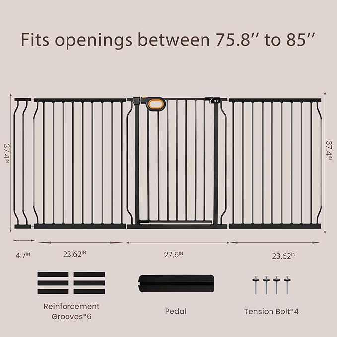 owlie 37.4" Extra Tall Wide Baby Gate for Stairs Doorways,75-85 Inch Extra Large Long Baby Gate with Door Indoor Safety Metal Pressure Mounted Pet Gate with Walk-Thru Auto Close, Black