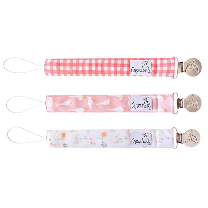 Copper Pearl Pacifier Clip 3-Pack: Premium Knit Binky Clips for Baby Girls and Boys - Stylish Stainless Steel Pacifier Holder Clip - Baby Pacifier Clips for No More Floor Drops - Goosie