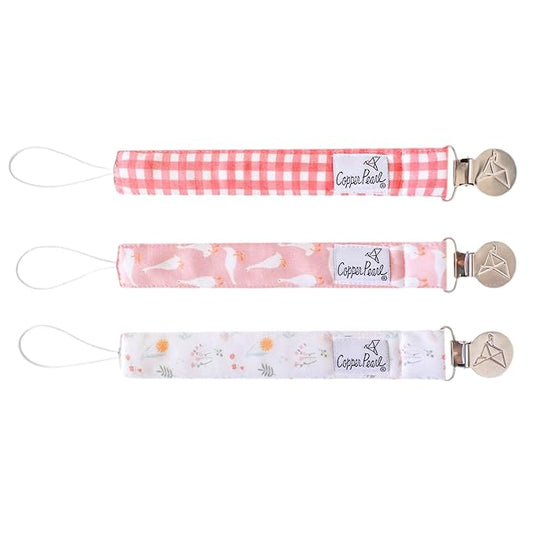 Copper Pearl Pacifier Clip 3-Pack: Premium Knit Binky Clips for Baby Girls and Boys - Stylish Stainless Steel Pacifier Holder Clip - Baby Pacifier Clips for No More Floor Drops - Goosie