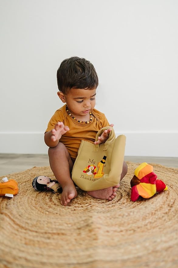 Genius Baby Toys The Original My Baby's First Thanksgiving Playset with Turkey, Teddy Bear, Pumpkin Pie, Native American Girl