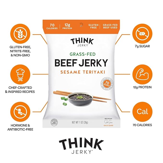 Think Jerky Beef and Turkey Jerky Variety Pack, Original, Sweet Chipotle, Sriracha Honey, Sesame Teriyaki, Healthy Jerky Snack, Healthy Meat Snack, Low Calorie Low Fat - 1.0 oz Bags, 16 Pack