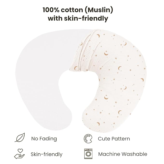 Konssy Muslin Nursing Pillow Covers, Soft and Cute Nursing Covers for Breastfeeding Pillows, Ideal for Newborn Baby Boys and Girls (Camel, Moon) - 2 Pack
