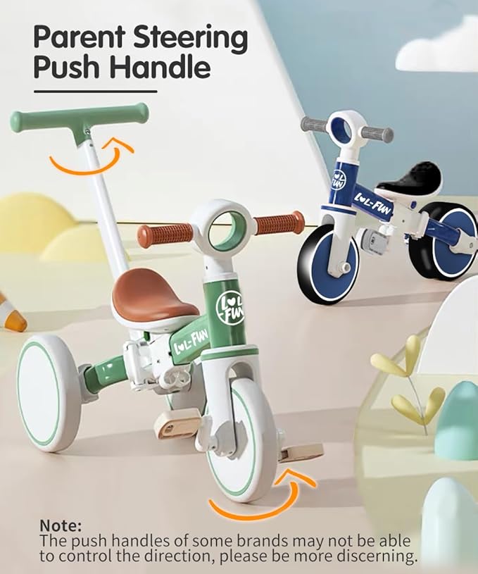 LOL-FUN 5 in 1 Toddler Tricycles for 1-3 Year Olds Boys Girls Toy with Parent Steering Push Handle, Baby Balance Bike 1 Year Old Kids Gift