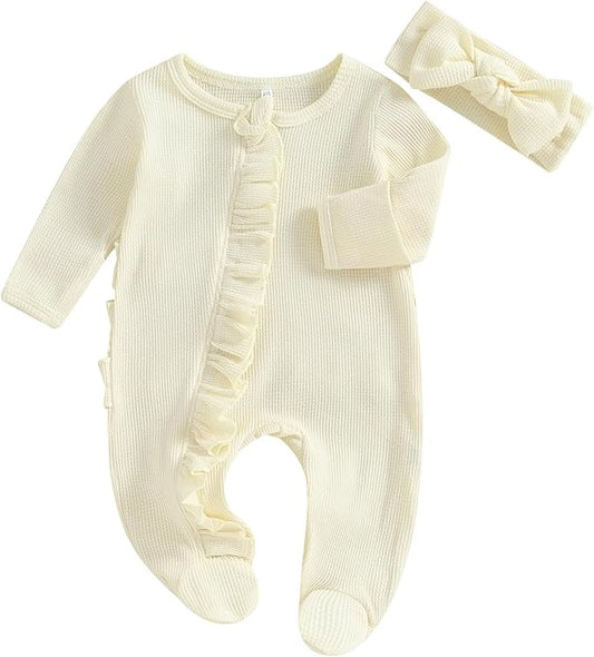 Newborn Girl Clothes Baby Girl Coming Home Outfit Zipper One-piece Outfits Ruffle Footie Bodysuit Jumpsuit Headband