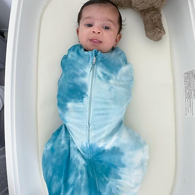Happiest Baby Sleepea 5-Second Swaddle - 100% Organic Cotton Baby Swaddle Blanket - Doctor Designed Promotes Healthy Hip Development (Tie Dye Blue, Large)