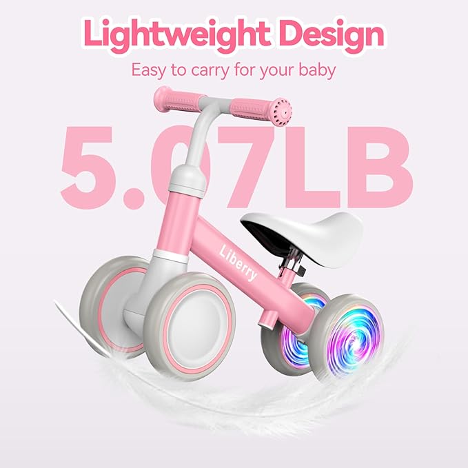 Liberry Light Up Baby Balance Bike 1 2 Years, Ride Toys with Adustable Seat for Girls, First Birthday Gift for Toddlers, Pink