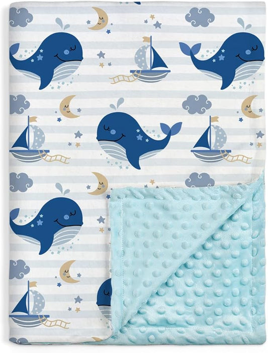 Whale Kid Blanket for Boys or Girl 30x40 - Soft Kids Throw Minky Blankets with Dotted Backing - Nursery Crib Blanket