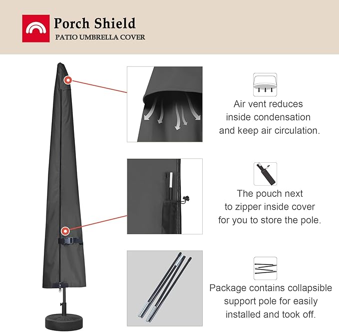 Porch Shield Patio Umbrella Cover - Outdoor Waterproof Garden Market Parasol Covers Fits Market Umbrella up to 12 Feet, Black