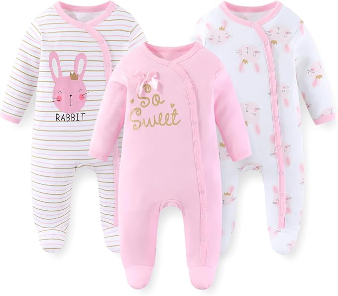 Unisex Baby Boy Girl Footies Rompers Cotton Long Sleeve 3 Pack Infant Jumpsuits 0-12Months Babies' Outfits