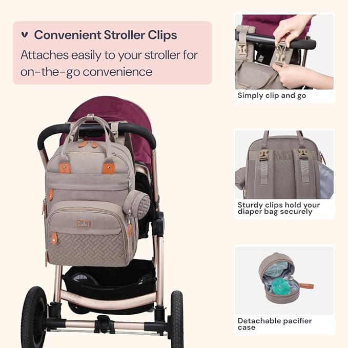 BabbleRoo Diaper Bag Backpack - Baby Essentials Travel Tote - Multi Function Water Resistant Diaper Bag, Travel Essentials Baby Bag with Changing Pad, Stroller Straps & Pacifier Case - Unisex, Khaki