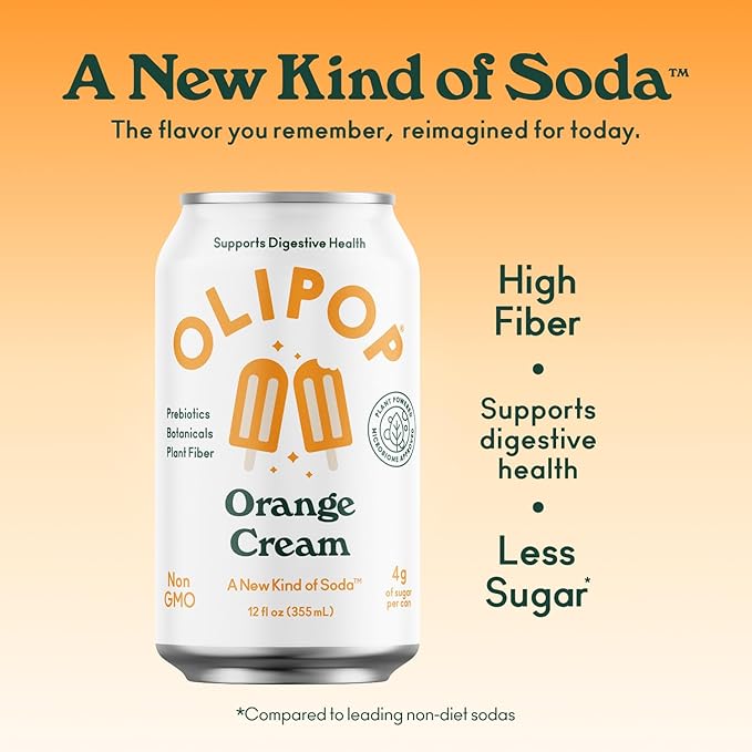 OLIPOP Prebiotic Soda Pop, Orange Cream, A New Kind of Soda Packed with Prebiotics, Fiber, and Botanicals, Gluten Free, Vegan, GMO Free, 12oz (12-Cans)