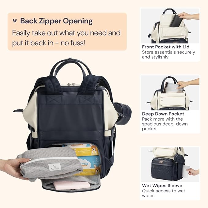 BabbleRoo Leather Diaper Bag Backpack, Multifunction Large Bags with Changing Pad & Stroller Straps Pacifier Case, Unisex Stylish Travel Back Pack Nappy for Moms Dads (Blueberry Cream)