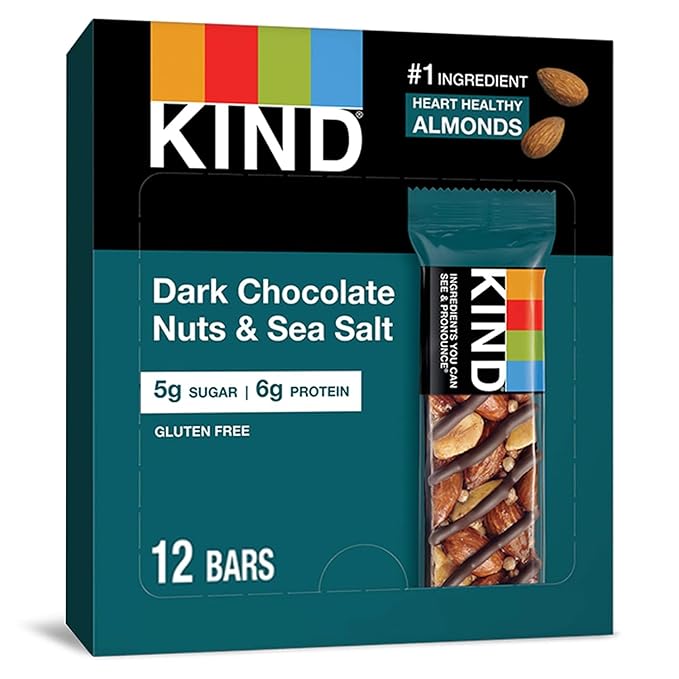 KIND Nut Bars, Dark Chocolate Nuts and Sea Salt, Healthy Snacks, Gluten Free, Low Sugar, 6g Protein, 12 Count