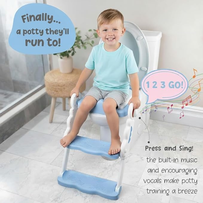Musical & Sound Toddler Potty Training Seat w/Step Stool Ladder - Collapsible & Adjustable Toilet, Pre Assembled Toddler Toilet Seat w/Music & Sounds - Splash Guard & Anti-Slip Steps - Blue