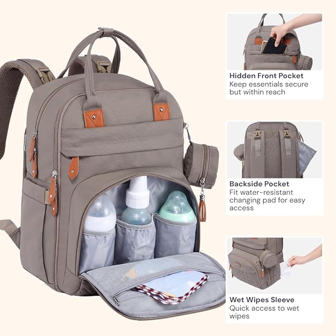 BabbleRoo Diaper Bag Backpack - Baby Essentials Travel Tote - Multi Function Water Resistant Diaper Bag, Travel Essentials Baby Bag with Changing Pad, Stroller Straps & Pacifier Case - Unisex, Khaki