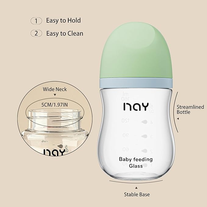 Natural Glass Baby Bottle Wide Neck, Anti-Colic Baby Bottle, Clear, 5.4oz(Pack of 2), Includes 2Pcs Natural Response Nipple(S), 1 Months+
