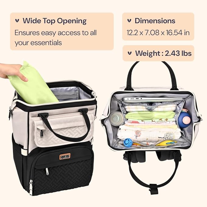 BabbleRoo Diaper Bag Backpack, Multifunction Nappy Changing Bag with Changing Pad, Stroller Straps & Pacifier Case, Unisex Stylish Travel Back Pack for Moms & Dads – Apricot & Black