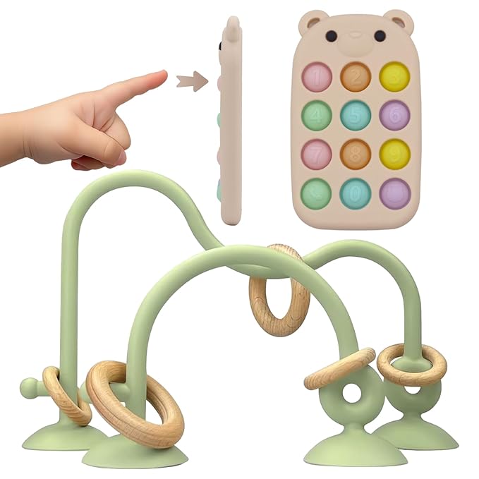 Baby High Chair Suction Toys Teething Chew - Baby Teething Toys Silicone Teethers Table Toys, Food Grade Silicon for 6 12 18 Months (RPinkBeige)