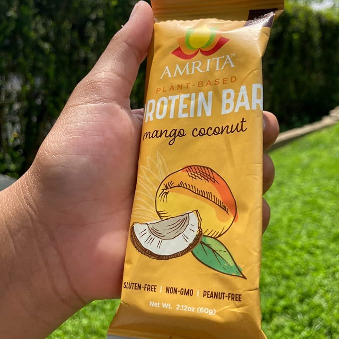 Amrita Nut Free Vegan Protein Bars (12 CT PK of 3) | Mango Coconut 15g Plant-Based Protein Bar | Peanut-Free, Gluten Free, and Dairy-Free | No Added Sugar, High Fiber, Healthy Snacks for Kids/Adults