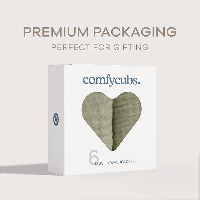 Comfy Cubs Muslin Baby Washcloths 6 Pack - Soft 6-Layer Cotton Wash Cloths for Sensitive Skin - 10"x10" Large, Gentle, Absorbent Infant Essentials for Newborn and Toddlers - Sage