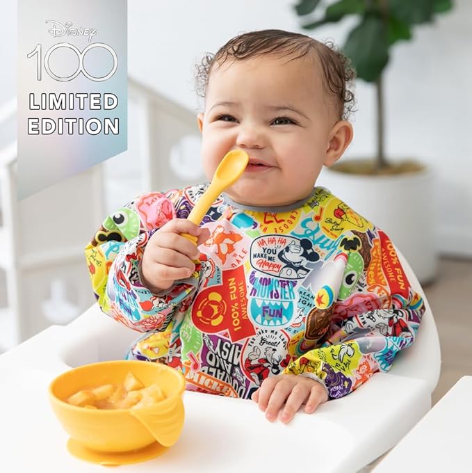 Bumkins Disney Sleeved Bib for Girl or Boy, Baby and Toddler for 6-24 Mos, Essential Must Have for Eating, Feeding, Baby Led Weaning Supplies, Long Sleeve Mess Saving, 100 Years of Fun