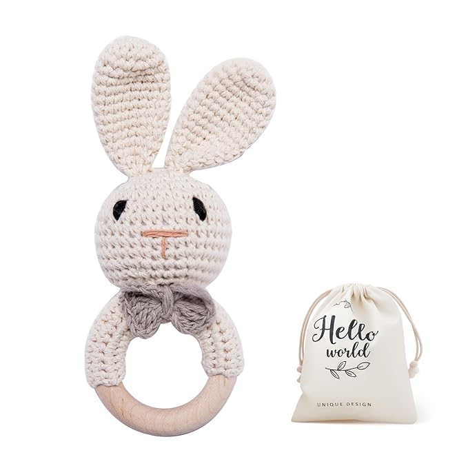 Crochet Baby Rattle, Baby Shaker Toy, Baby Rattles 0-6 Months, Handmade Newborn Toys, Easter Bunny Rattle, Animal Baby Rattle，Knitted Stuffed Animals Gifts for Boys and girs Bunny Rattle