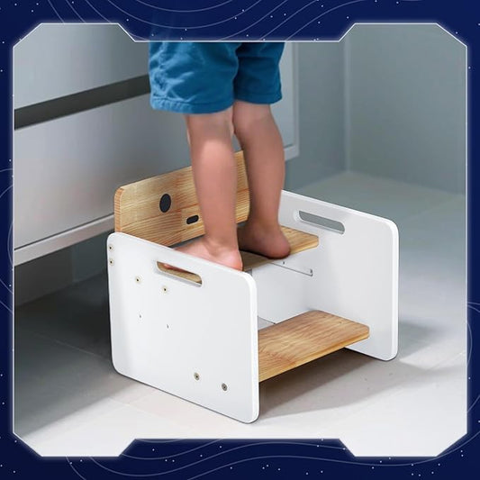 COSYLAND Wooden Toddlers Step Stool - Adjustable Height 2 Step Stools Holds Up to 200 Lbs - Robot Shaped Bathroom Stepping Stool with Non-Slip Surface and Carry Handle (Natural & White)