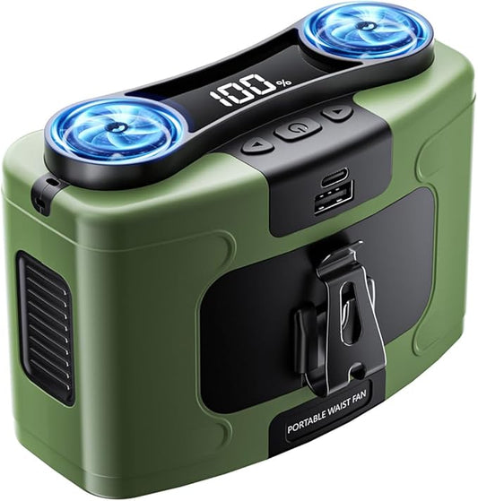 10000mAh Personal Waist Fan, USB Rechargeable Clip The Waist For Working,10 Speed & 40H Cooling and Heatstroke Prevention For Outdoor Travel Camping (K60-green, 12000mAh)